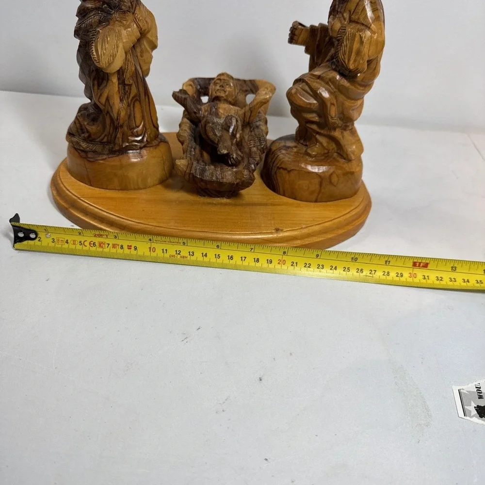 Hand Carved Olive Wood Nativity Scene Holy Family Manger Set on Wooden Base